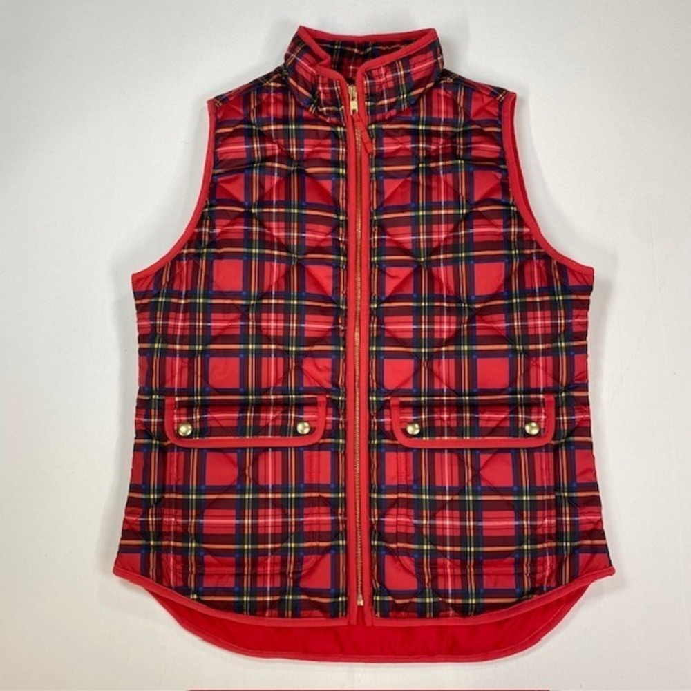 J. Crew Quilted Scottish Plaid Vest Red Yellow Blue Full Zip Pockets Size S